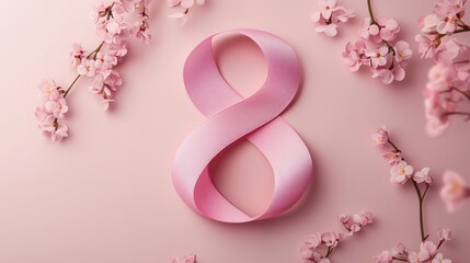 Creative Display of Pink Ribbon and Cherry Blossoms for Special Occasion in Soft Pink Background