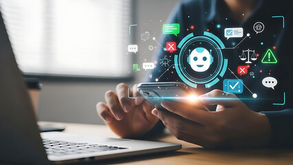 Person using smartphone with chatbot assistant and artificial intelligence