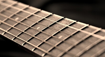 Guitar Strings, close up. Acoustic guitar. Black and white photography.