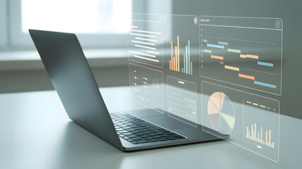 Laptop featuring holographic business data and charts