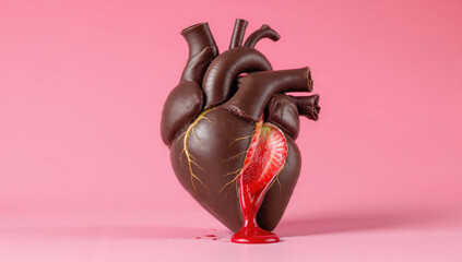 Naklejka premium Detailed chocolate anatomical heart with golden cracks, revealing a strawberry slice and red juice dripping on a pink background.