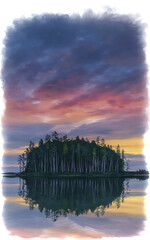 Serene island reflection at twilight with colorful sky