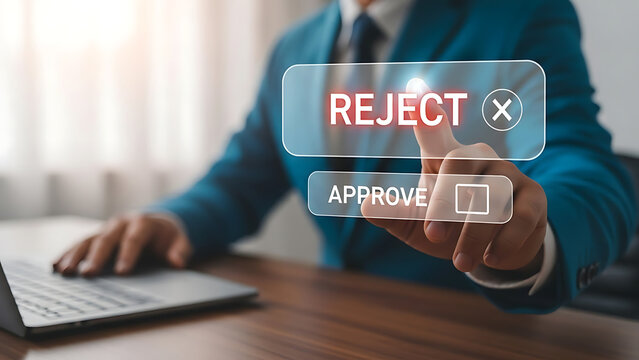Businessman rejecting a request by pressing a reject button on a virtual screen