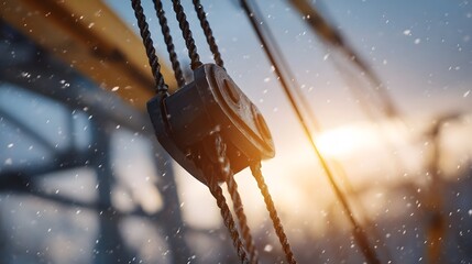 Close up of a pulley system with ropes during a snowy golden hour suggesting industrial work or transport