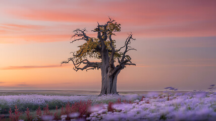 Ancient gnarled tree stands alone in a field of lavender at sunset