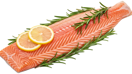 Fresh salmon fillet with rosemary and lemon slices