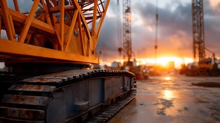Close up of a massive orange construction crane s tracks at an industrial site during a dramatic sunset with wet reflective ground