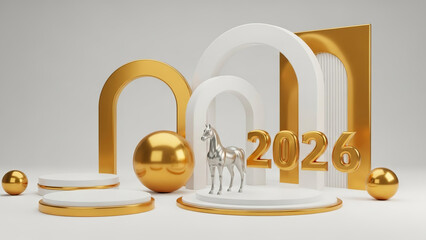 Year of the horse concept with gold arches and white platforms and year number