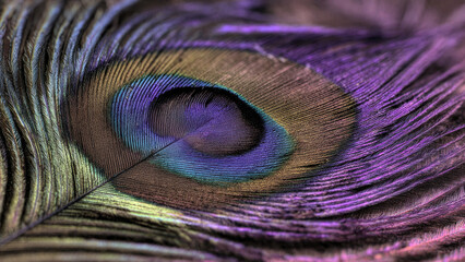 Fototapeta premium Close-up of a peacock feather, showcasing vibrant iridescent colors and intricate details. The eye-spot shimmers with purple, blue, green, and gold.