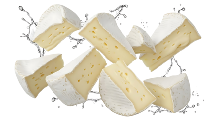 Wedge shaped brie cheese pieces falling through air