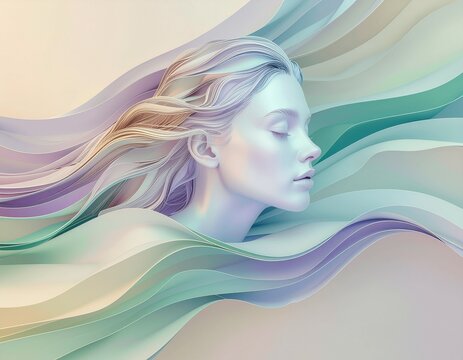 Dreamy ethereal woman with flowing pastel waves representing serenity and calm, a modern abstract portrait perfect for wellness and beauty campaigns