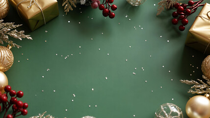 Festive christmas border with gold ornaments and red berries on green background