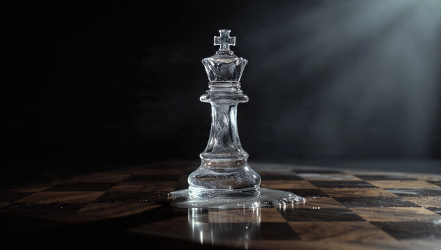 A crystalline ice chess king piece slowly melts on a dark wooden chessboard, symbolizing the fragility of power and time.