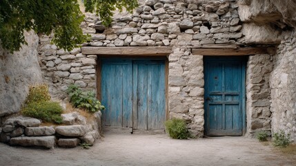A photo of an old stone building with a blue door in the village, with a quaint and rustic charm, set against a natural stone wall background.