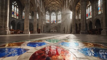 Grand architectural interior with sunlight rays illuminating floor and stained glass window light - Powered by Adobe