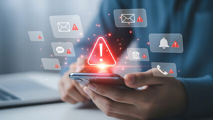 A person using smartphone with a warning triangle and notification icons