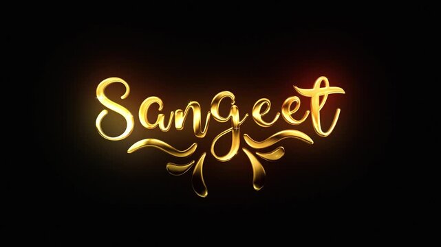 Sangeet golden text lettering handwritten calligraphy animation, gold color animated lettering reveal celebration isolated for invitation greeting card festive holiday design elegant wedding alpha