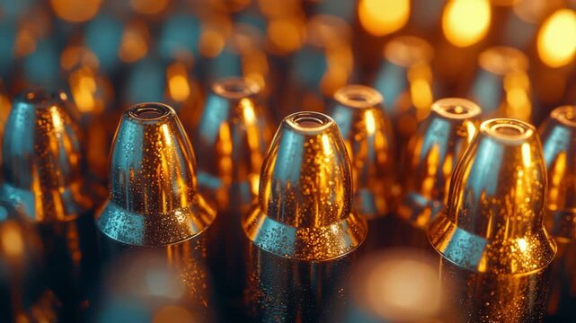 Close-up of Shiny Brass Bullet Casings with Water Droplets, Warm Lighting, and Shallow Depth of Field for Ammunition and Firearm Concepts