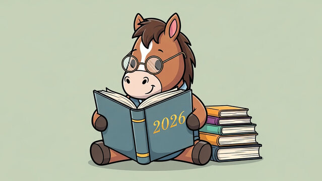 Cartoon horse wearing glasses reading a book labeled with the year 2026