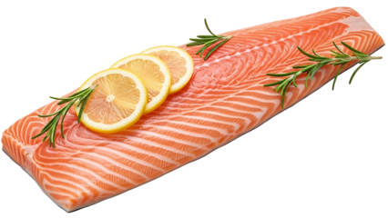 Fresh salmon fillet with lemon slices and rosemary