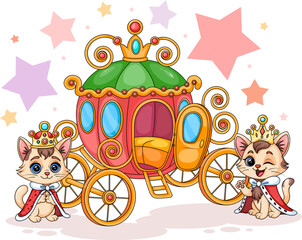 Fairytale carriage with royal cats, cute cartoon illustration