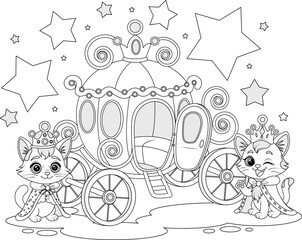 Royal cats and fairytale carriage coloring page, line art illustration