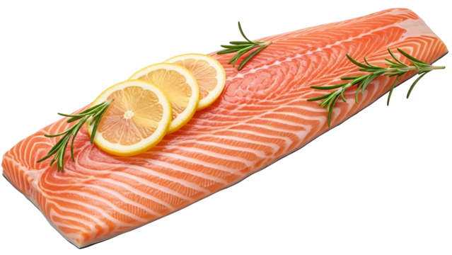 Fresh salmon fillet with lemon slices and rosemary