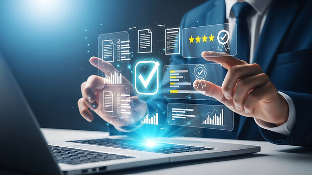 Businessman using laptop with digital document approval and quality check