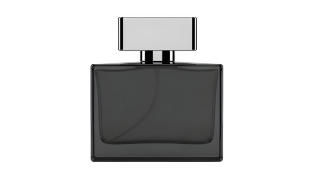 Realistic 3d render of a dark glass mens cologne bottle isolated on transparent background