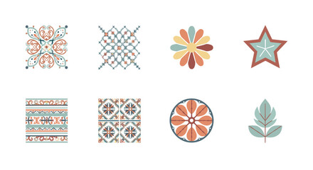 Colorful geometric and floral patterns set on white background