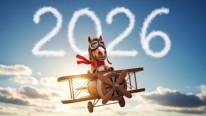 Horse aviator flying plane with clouds forming the year twenty twenty six