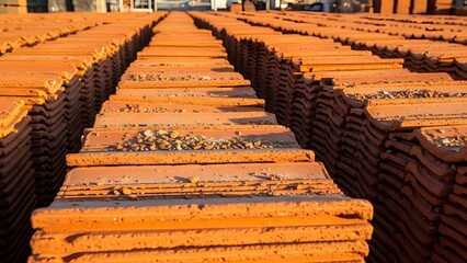 Rows of stacked terracotta roof tiles with gravel on top showing a repetitive pattern and texture detail