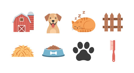 Fototapeta premium Farm animal and pet icons set featuring barn, dog, cat, and accessories