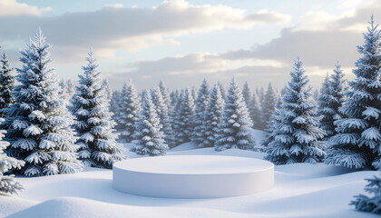 Obraz premium Minimal winter background with a white podium surrounded by snow-covered pine trees, soft daylight, and clean natural scenery. Perfect for Christmas product display or holiday design.
