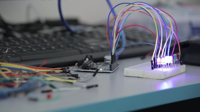 Students assemble DIY robot car and test LED circuits on breadboard. STEM education process showing electronics, wiring, programming, and engineering skills in a classroom setting.

