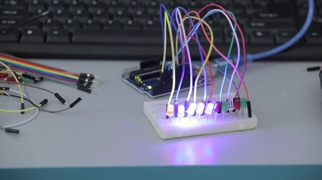 Students assemble DIY robot car and test LED circuits on breadboard. STEM education process showing electronics, wiring, programming, and engineering skills in a classroom setting.

