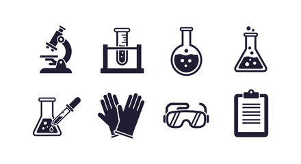 Obraz premium Science lab icon set: microscope, beakers, safety equipment, and clipboard