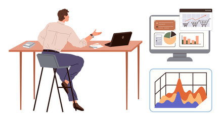 Man seated at desk analyzing financial and performance charts displayed on a monitor. Ideal for business strategy, data analysis, technology, teamwork, productivity, planning, modern workplaces