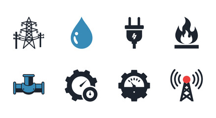Utility and energy services icons set featuring water, power, and communications