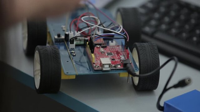 Students assemble DIY robot car and test LED circuits on breadboard. STEM education process showing electronics, wiring, programming, and engineering skills in a classroom setting.

