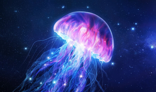 A glowing, translucent jellyfish floats in the deep blue, starry ocean of space. Otherworldly creature illuminated by vibrant pink light, electrically charged against the dark cosmic background
