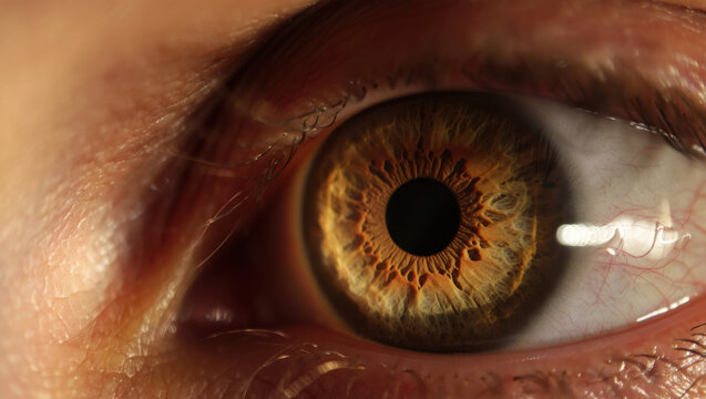 Detailed macro shot of a human eye. The iris is a rich mix of gold, brown, and green tones radiating out from the deep black pupil creating an intense portrait of the human gaze