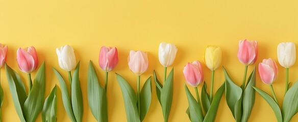 Bright Pink Tulips on a Polka Dot Fabric Against a Vibrant Yellow Background