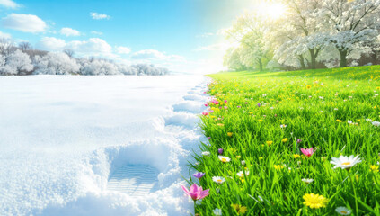 A striking image shows the sharp contrast between a snowy winter landscape and a vibrant, blossoming spring meadow with footprints across seasons.