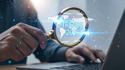 Man using magnifying glass to analyze global business data on laptop