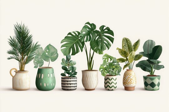 Collection of tropical houseplants like monstera, palms, and philodendrons in stylish pots, boho interior design