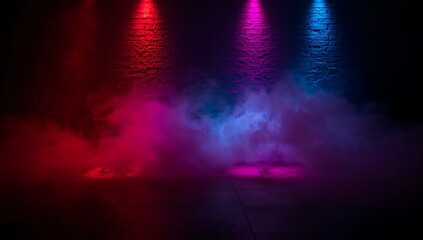 Colorful stage lights illuminating smoke and fog on a dark background