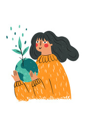 A girl joyfully cups a small Earth, where a green sprout with leaves grows. Care for the planet on Earth Day.