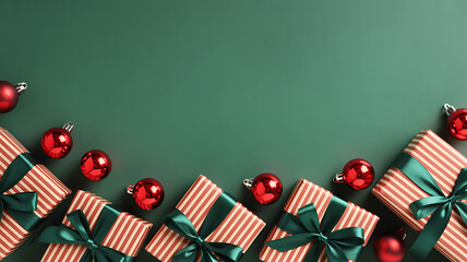 Festive christmas gifts and ornaments arranged on a green background