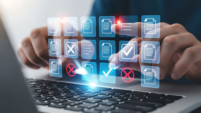 Businessman using laptop for document management system to manage files